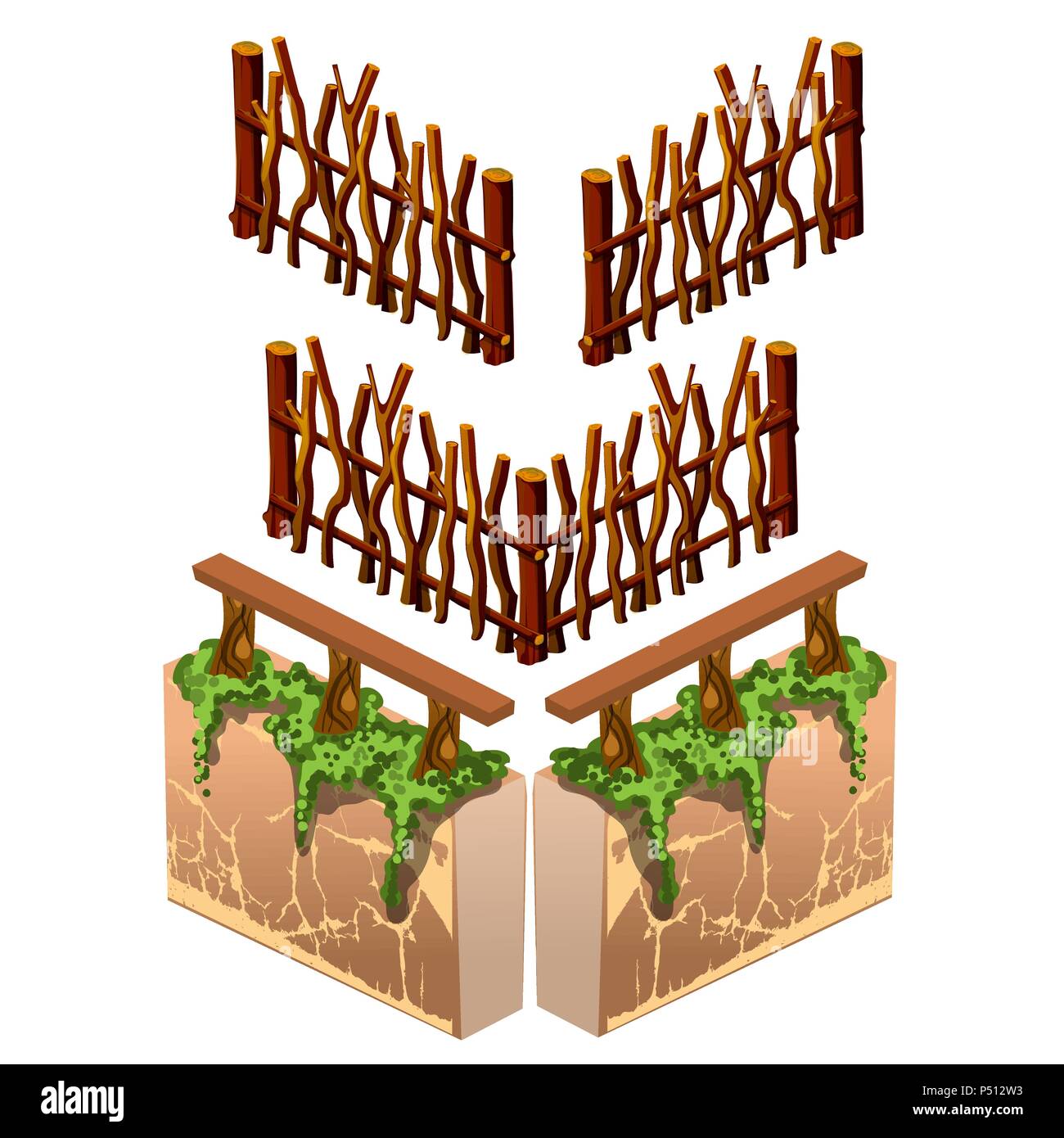 Satz von Holzzäunen und Fragmente von Steinmauern mit hölzernen Geländer auf einem weißen Hintergrund. Vector Illustration. Stock Vektor