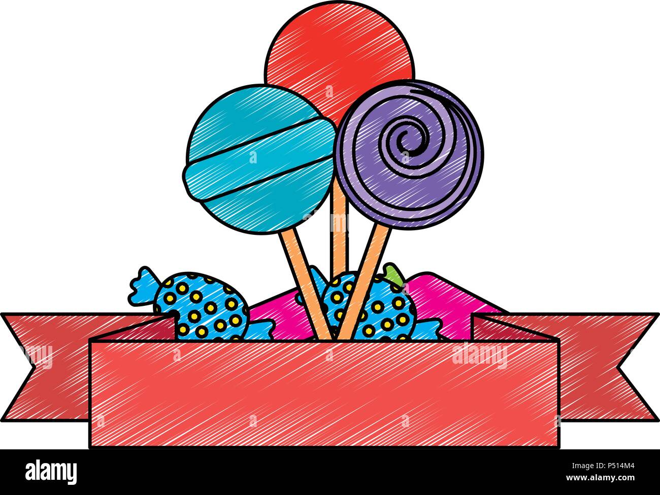 Süßigkeiten Lutscher und Bonbons mit Band Vector Illustration Design Stock Vektor
