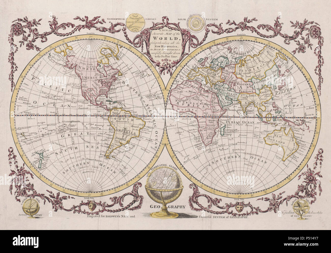 1782 Baldwyn Karte der Welt. Stockfoto
