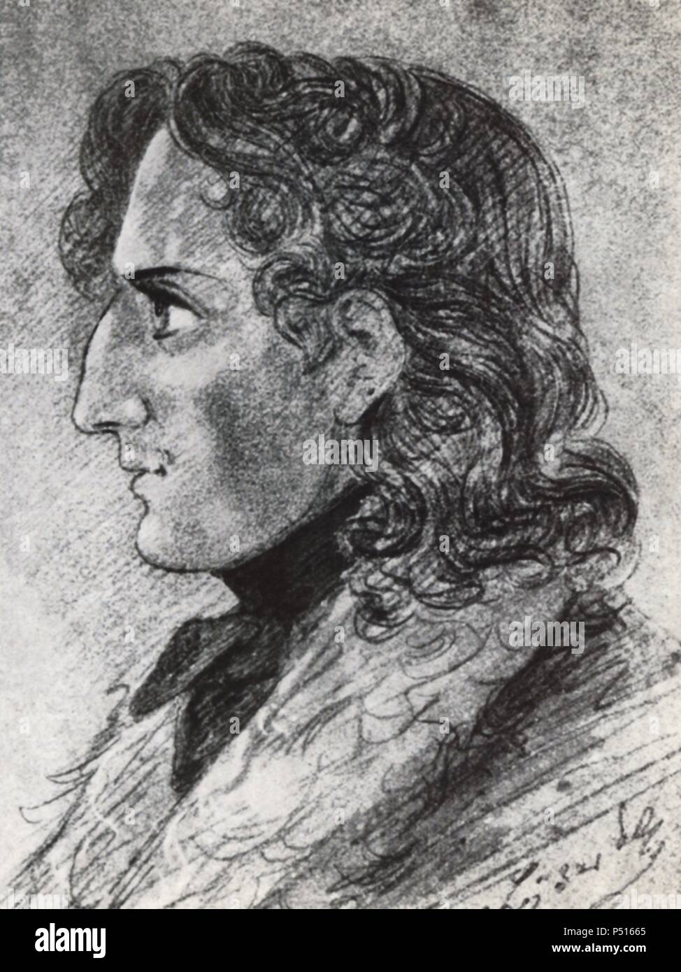 Felix Mendelssohn Bartholdy (Hamburgo, 1809 - Leipzig, 1847), Setzer Alemán de música clásica. Dibujo de Johann Peter Lyser. Stockfoto