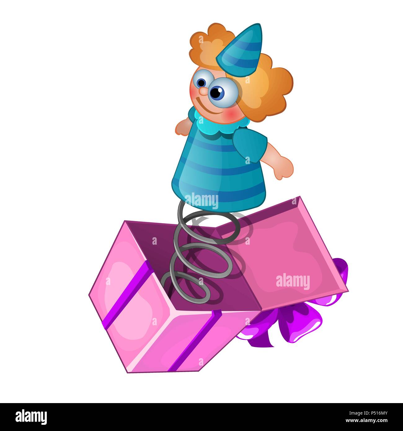 Box mit einer Überraschung in Form von einem Clown auf einem Frühling auf einem weißen Hintergrund. Vector Illustration. Stock Vektor