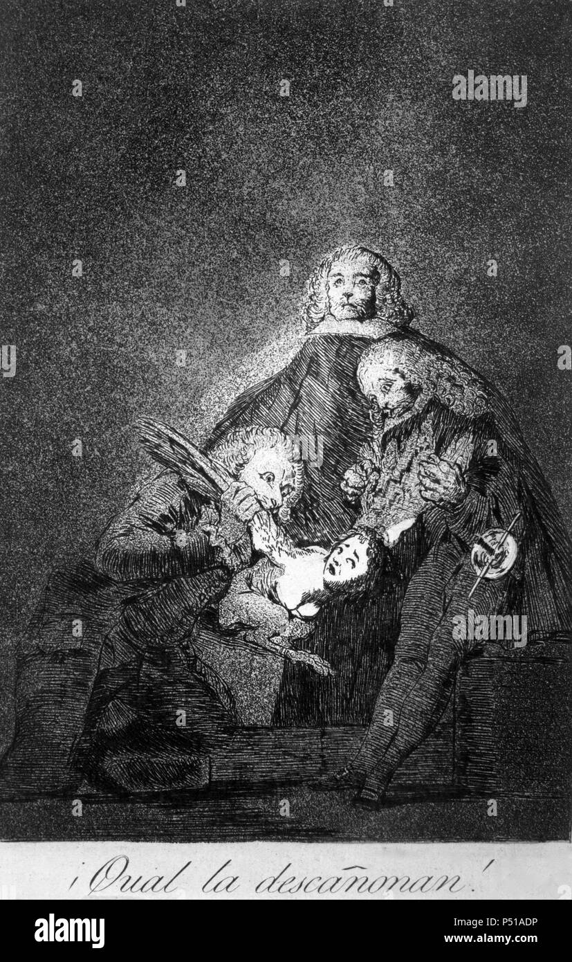 Francisco de Goya y Lucientes (Fuendetodos, 1746 - Burdeos, 1828). Grabado. Serie 'Los Caprichos' (aguafuerte). Plancha 21ª: ¡ Qual la descañonan!. Primera edición. Madrid, 1799. Stockfoto