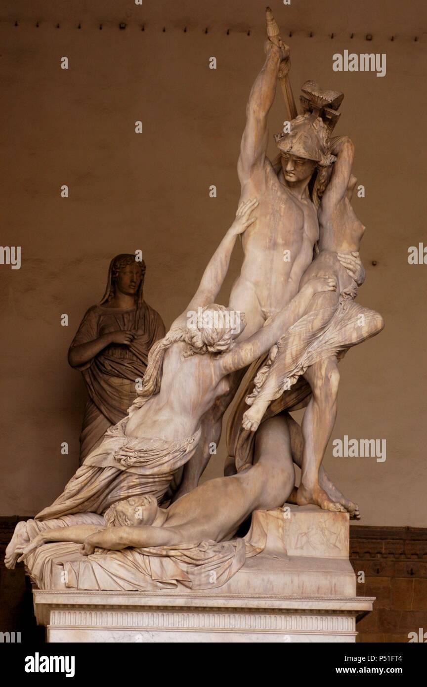 "PIRRO RAPTA ein POLIXENA PARA SER SACRIFICADA ANTE LA TUMBA DE AQUILES'. Grupo escultórico de Pio Fedi (1816-1892). Loggia dei Lanzi. Florencia. Italia. Stockfoto