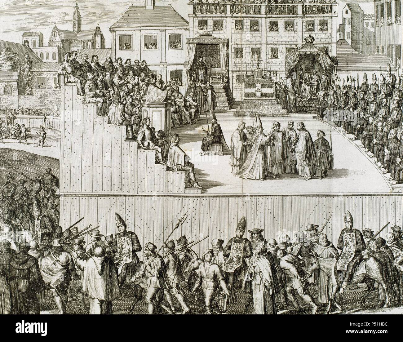 Spanien. Weg aus der Gefangenen durch die Inquisition auf den Auto-da-fe verurteilt. Gravur, 1692. Stockfoto