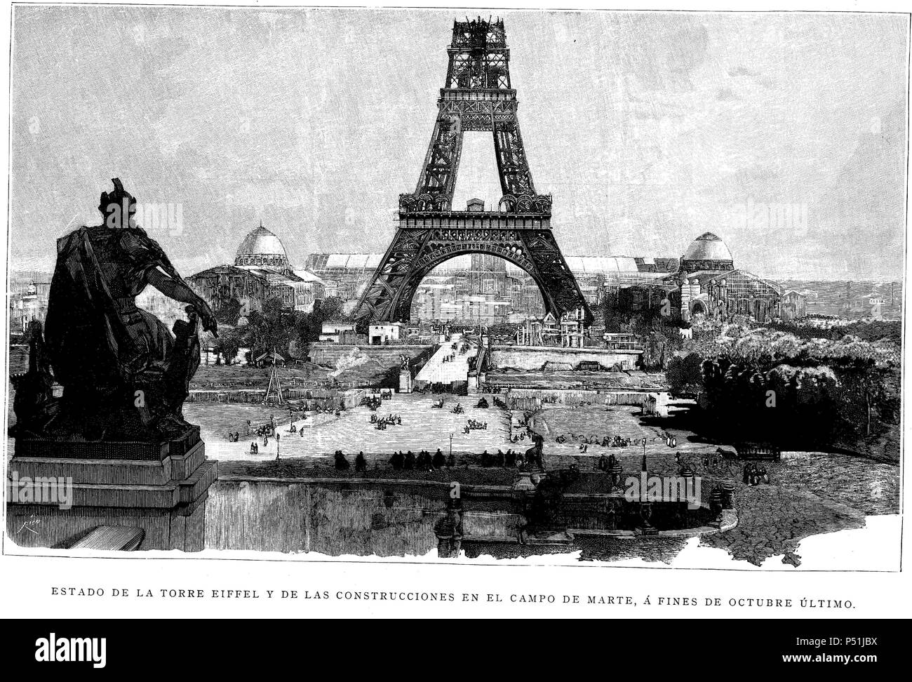 Francia. Siglo XIX. Vista de los trabajos de construccion de la Torre Eiffel desde el Campo de Marte. Paris. Grabado de 1888. Stockfoto