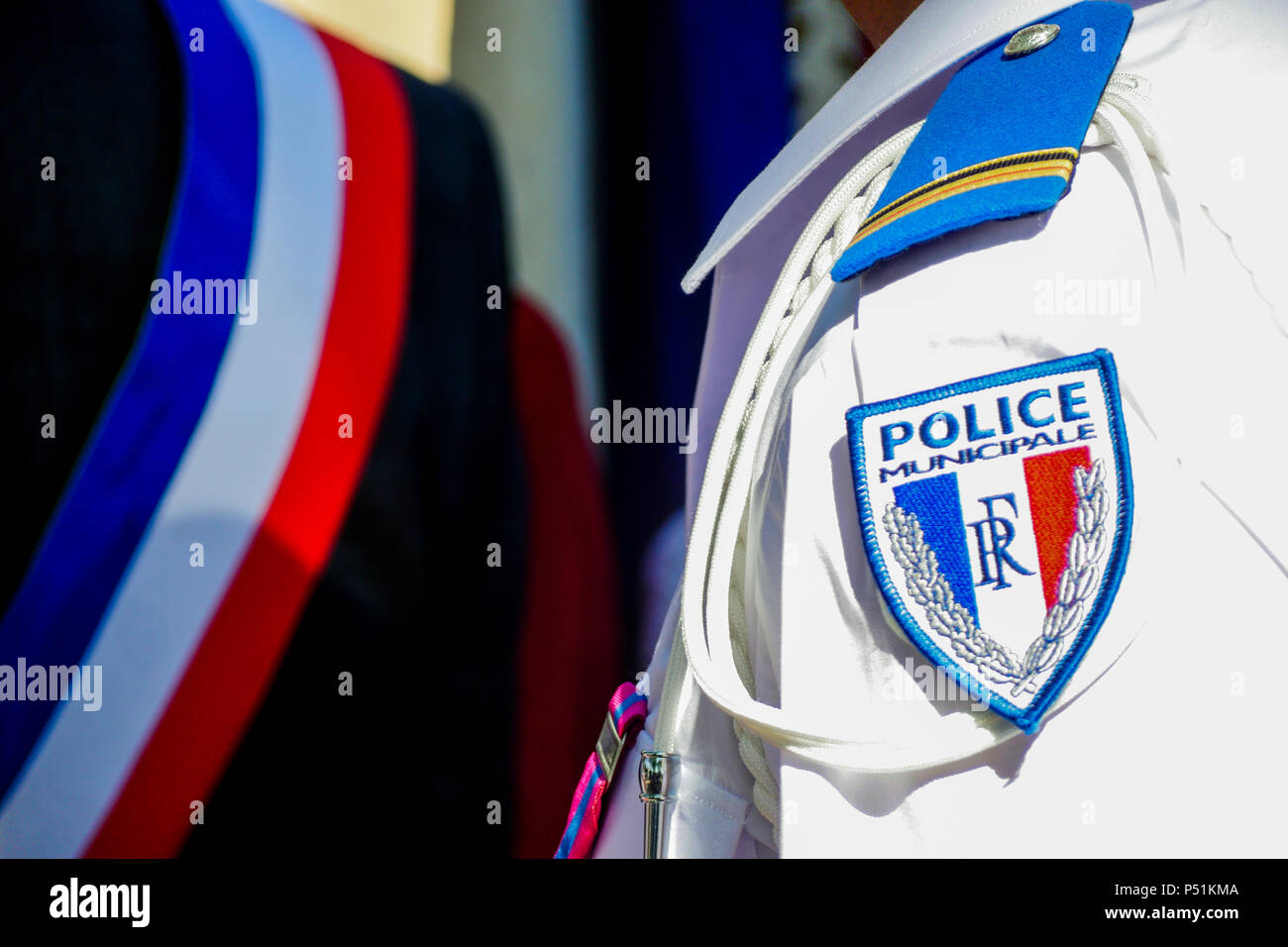 Französische Polizisten und gewählter Beamter (Detail), Lyon, Frankreich Stockfoto