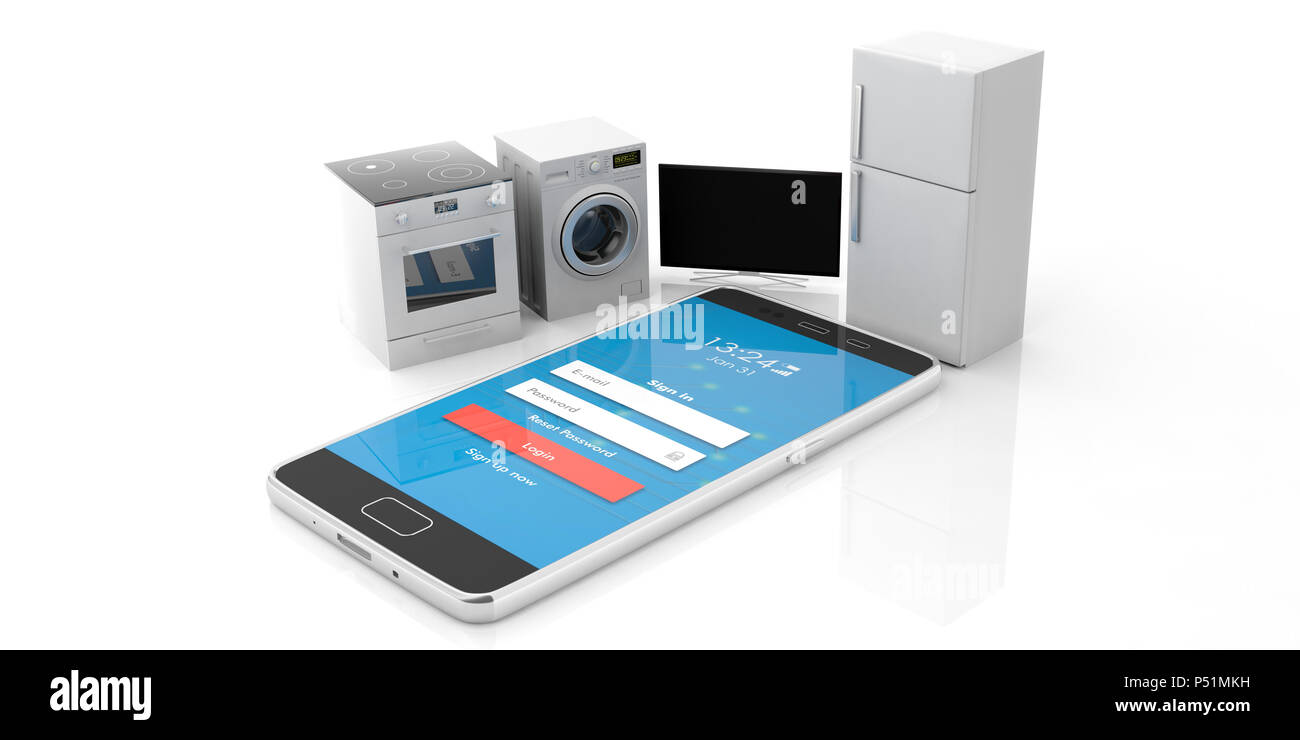 Smart House. Haushaltsgeräte und Mobiltelefon auf weißem Hintergrund. 3D-Darstellung Stockfoto