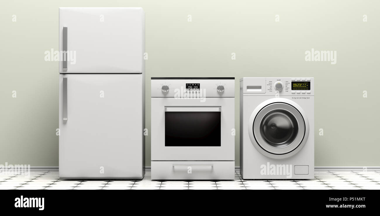 Weiß home appliances auf weißen Fliesen, mit schwarzen Details. 3D-Darstellung Stockfoto
