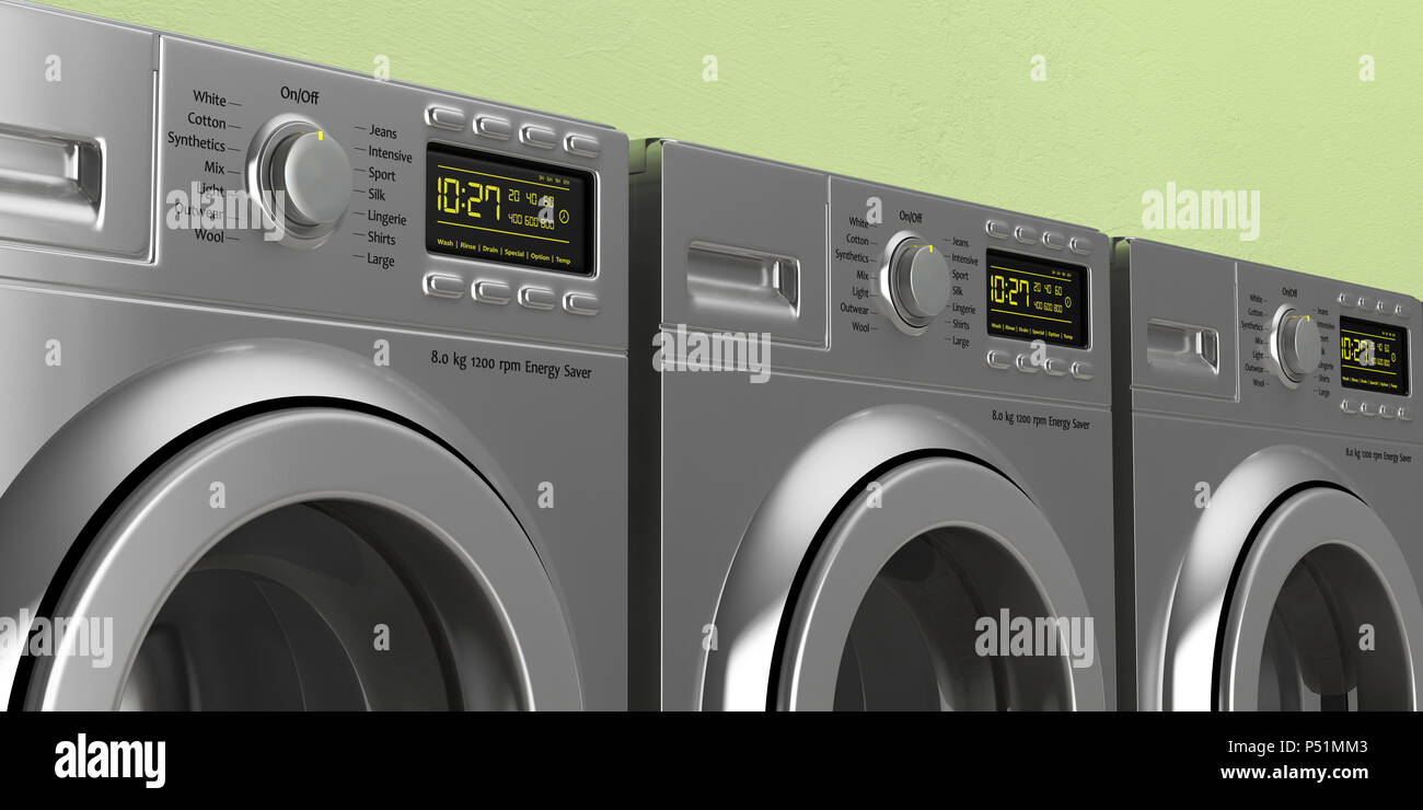 Münzwaschmaschine. Wäsche waschen, Trockner Maschinen closeup auf grüne Wand im Hintergrund. 3D-Darstellung Stockfoto