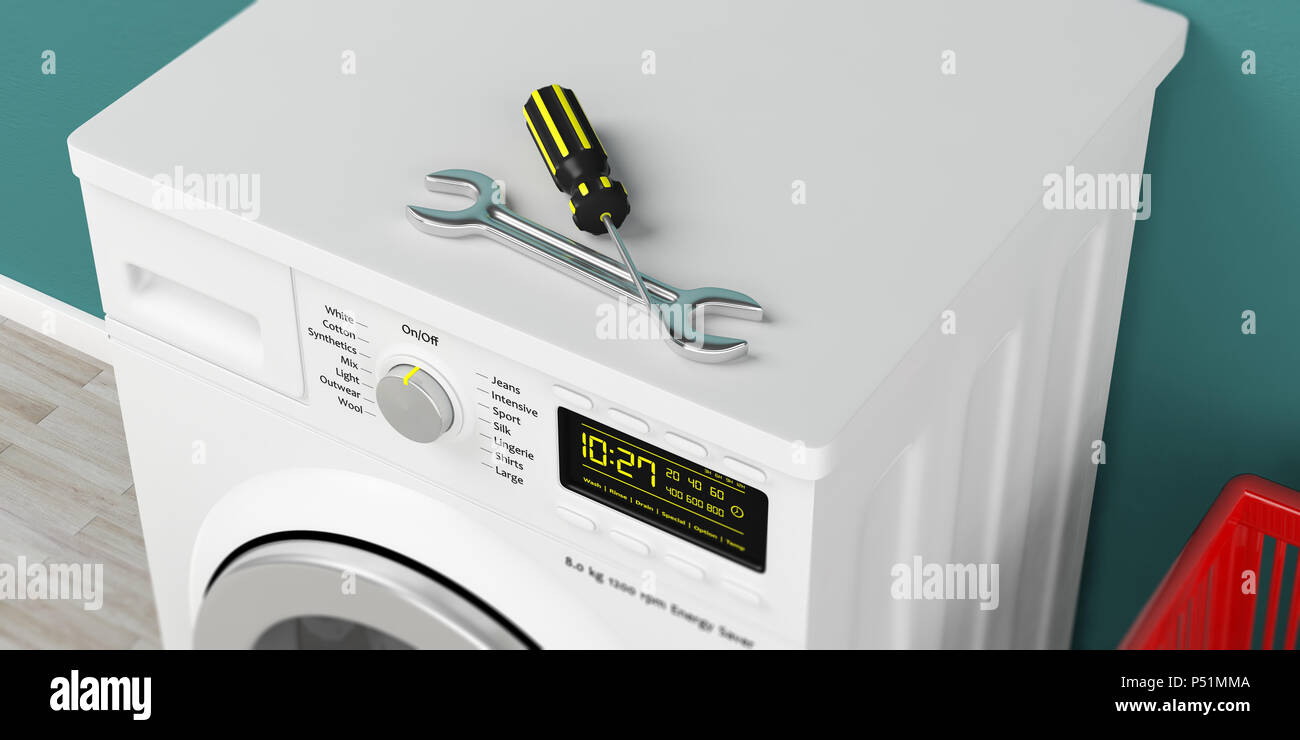 Haushaltsgeräte Service. Waschmaschine und Handwerkzeuge auf grüne Wand im Hintergrund. 3D-Darstellung Stockfoto