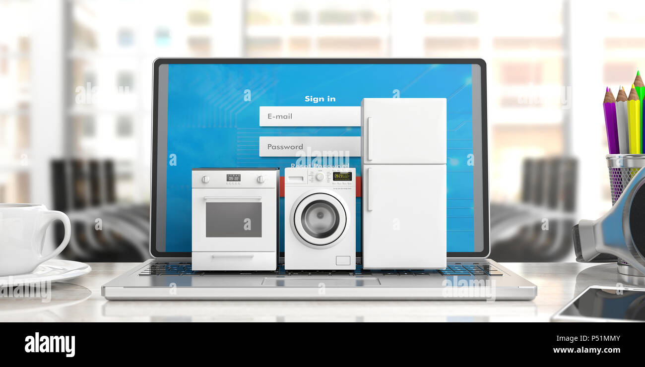 Haushaltsgeräte online shopping. Geräte auf einem Computer Tastatur einstellen, blur Büro Hintergrund. 3D-Darstellung Stockfoto