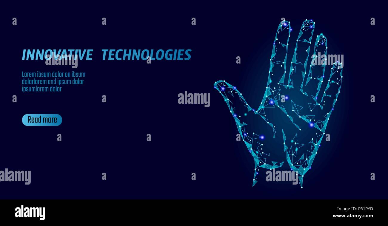 Low Poly hand Cyber Security Scan. Personal Identification fingerprint handprint ID-Code. Informationen, die die Sicherheit der Daten zugreifen. Internet Netzwerk futuristische Biometrie Technologie Identity Verification Vektor Stock Vektor