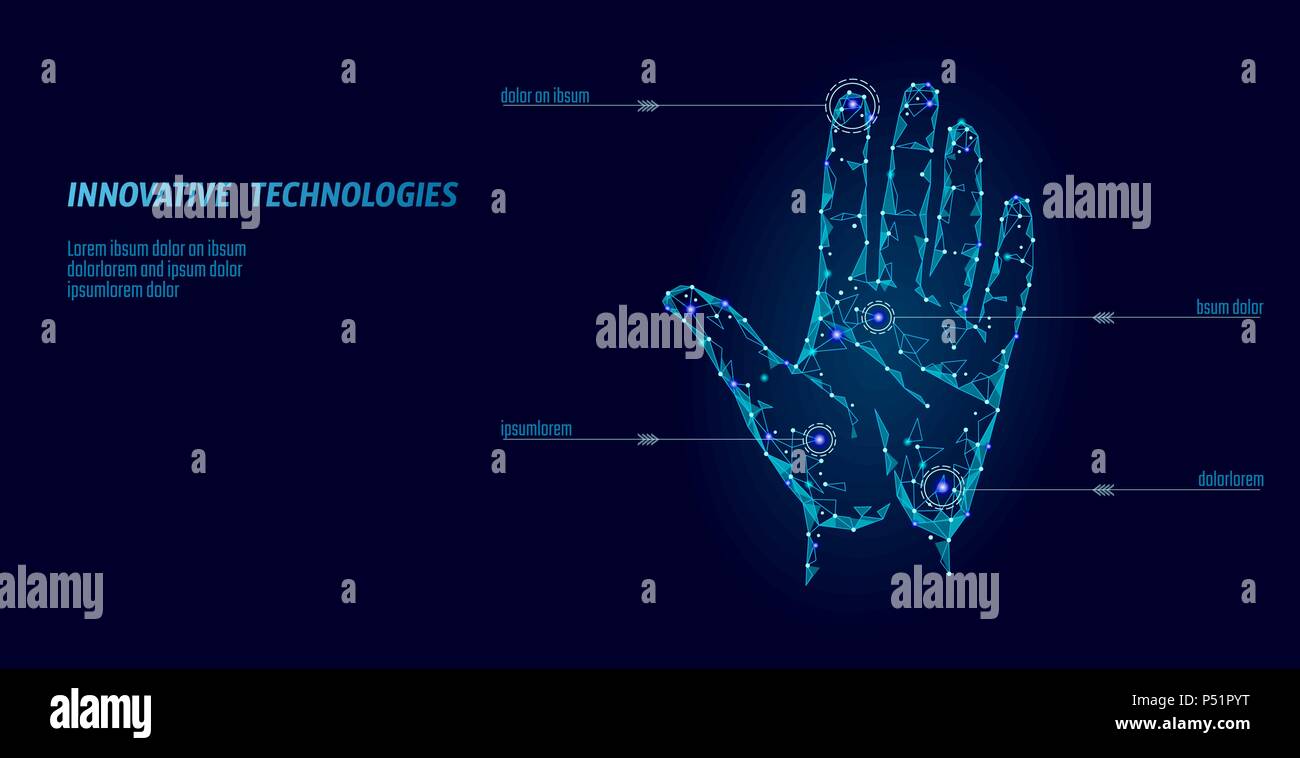 Low Poly hand Cyber Security Scan. Personal Identification fingerprint handprint ID-Code. Informationen, die die Sicherheit der Daten zugreifen. Internet Netzwerk futuristische Biometrie Technologie Identity Verification Vektor Stock Vektor