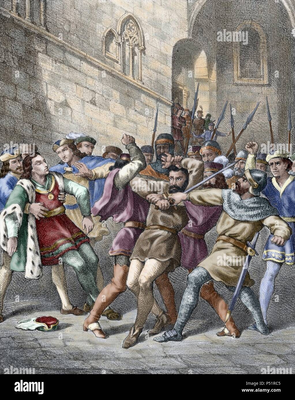 Die Rebellion der Remences. Volksaufstand im späten Mittelalter Europa gegen seignorial Drücke, dass in Katalonien im Jahre 1462 begann und endete ein Jahrzehnt später ohne endgültige Ergebnis. Ferdinand II. von Aragon (Ferdinand der Katholische) schließlich entschlossen, den Konflikt mit dem Schiedsspruch von Guadalupe (Sentencia Schiedsgericht de Guadalupe) im Jahr 1486. Attentat auf König Ferdinand II. von Aragon in Barcelona am 18. Oktober 1492 von einem remenc ein Vasall. Katalonien. Spanien. Farbige Gravur. Stockfoto