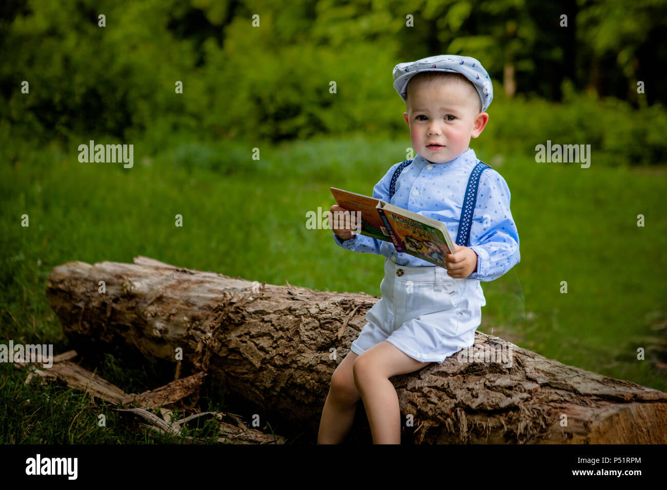 Ein litttle zwei Jahre alte Junge sitzt auf einem Baum und liest ein Buch. hildren Tag. Stockfoto