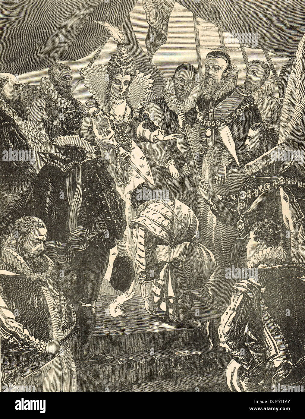 Queen Elizabeth I, knighting Sir Francis Drake, an Bord der Golden Hind, Deptford, England, 4. April 1581 Stockfoto