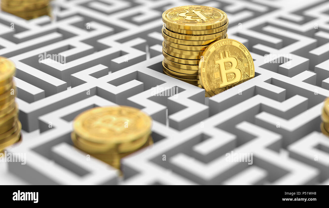 Stapel von Bitcoin im Labyrinth. Schwierige und unbekannte Zukunft cryptocurrencies. 3D-Rendering Stockfoto