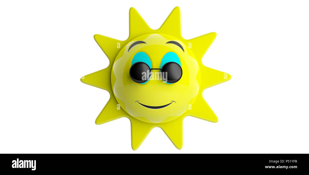 Sommer Konzept. Emoji Sonne gelb mit schwarzen runde Sonnenbrille lächelnd, Ausschnitt, auf einem weißen Hintergrund. 3D-Darstellung. Stockfoto