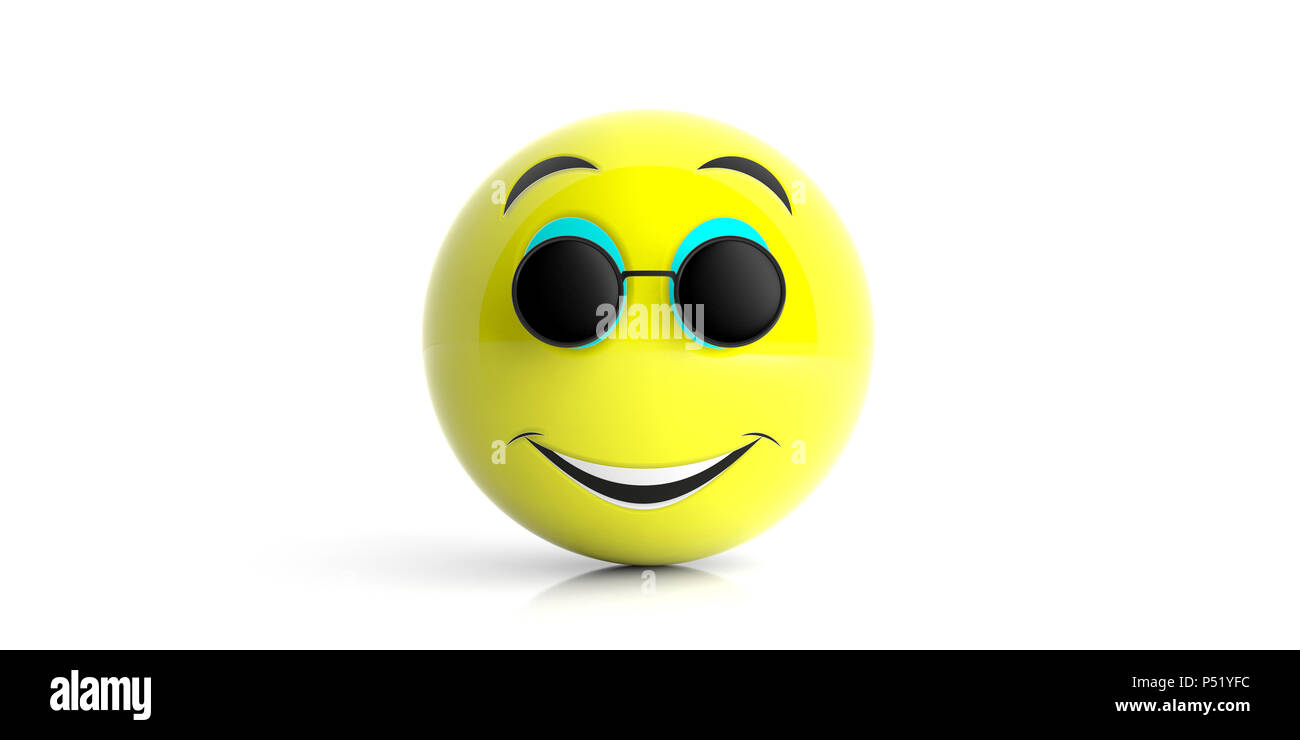 Sonniges Wetter Konzept. Emoji gelb mit schwarzen runde Sonnenbrille lächelnd auf einem weißen Hintergrund. 3D-Darstellung. Stockfoto