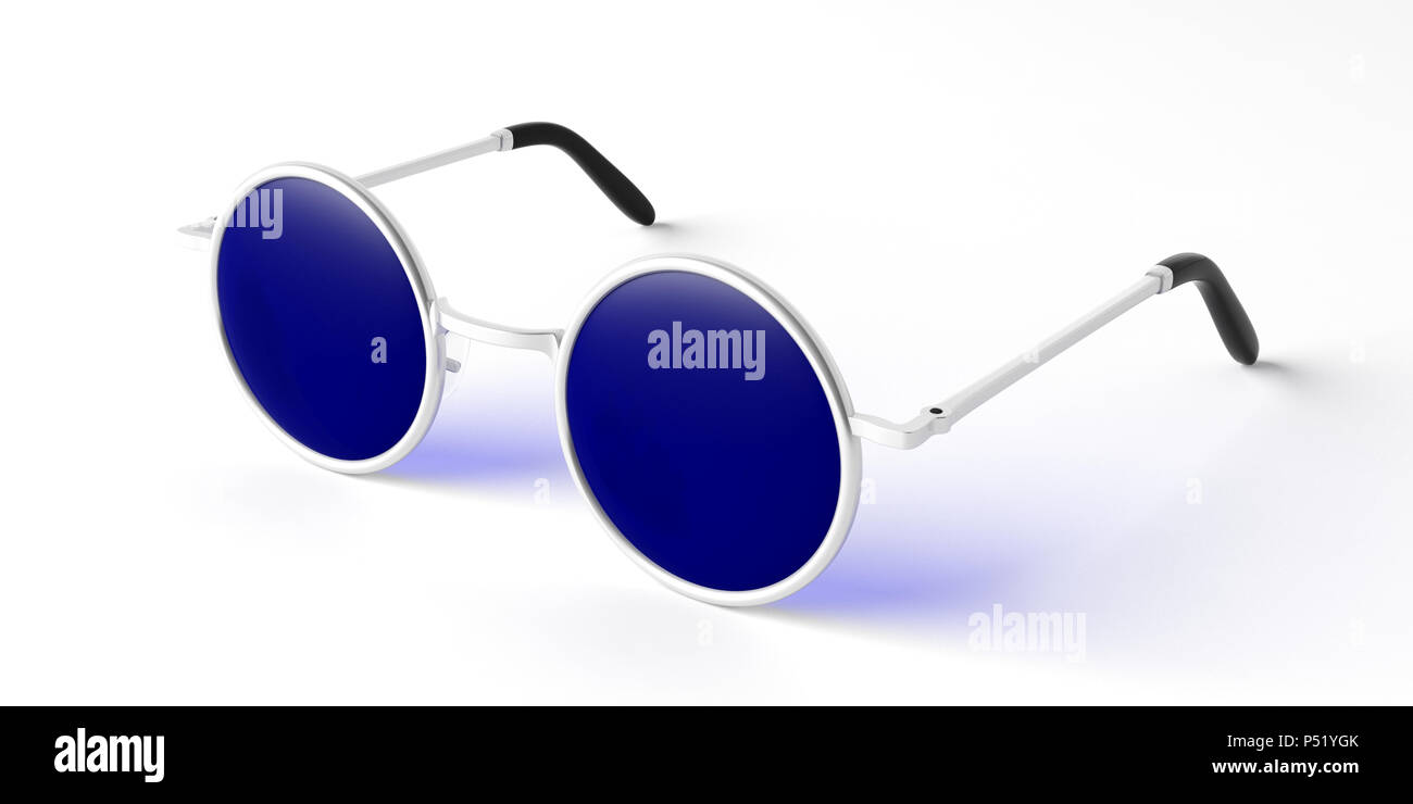 Sommer Konzept. Sonnenbrille runde Metallic mit blaue Linse, Seitenansicht, auf einem weißen Hintergrund, 3D-Darstellung. Stockfoto