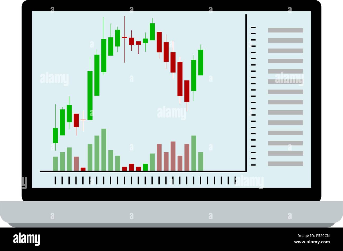 Aktienchart von Candle Stick am Laptop. Vektor bestandsdiagramm Investitionen, bullish amd fallend Strategie technische Illustration Stock Vektor