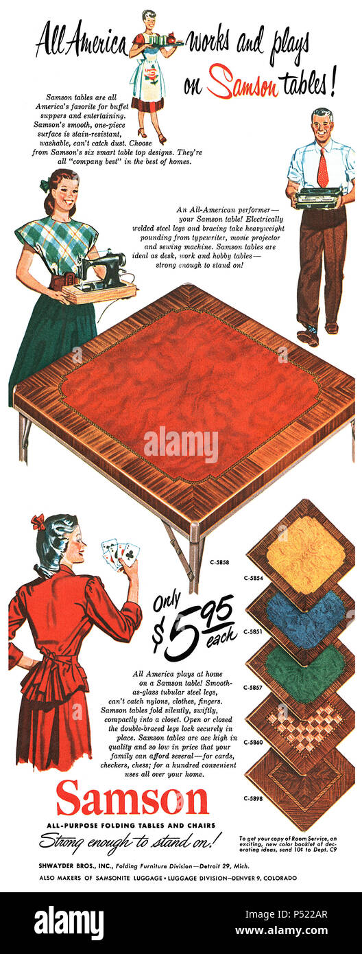1949 US-Werbung für Samson Klapptische. Stockfoto