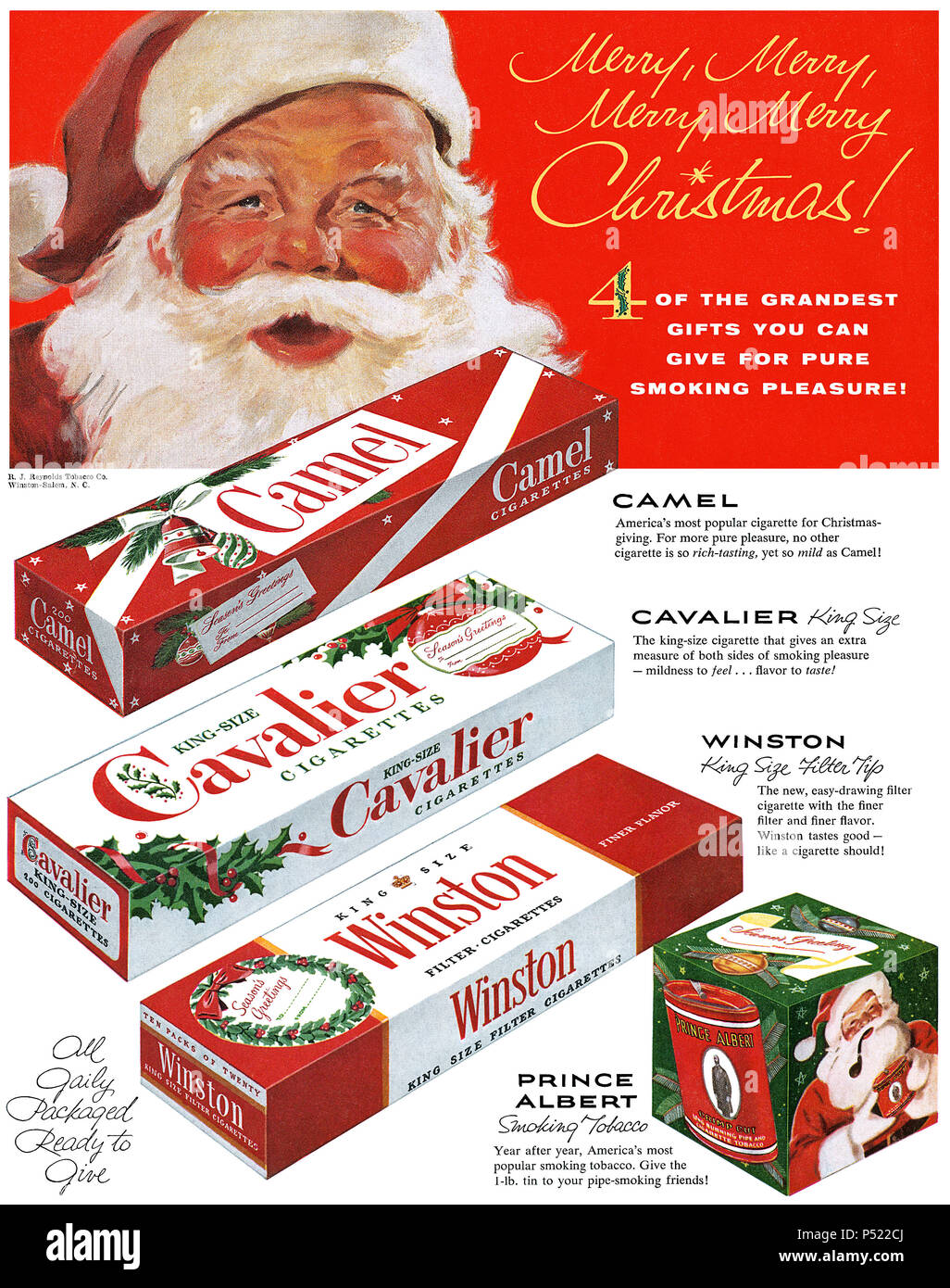 1954 USA Weihnachten Werbung für R.J. Reynolds Tobacco Marken: Camel, Kavalier und Winston Zigaretten, und Prinz Albert Rauchtabak. Stockfoto
