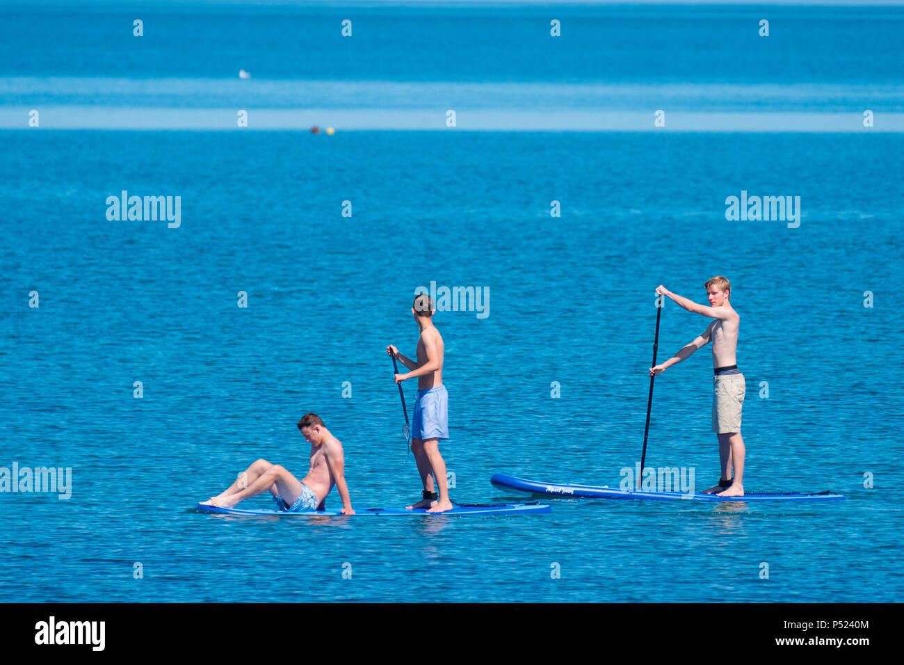 24. Juni 2018. Aberystwyth Wales UK UK Wetter: Junge Männer Paddle Boarding am Sonntag Morgen auf dem ruhigen Wasser der Cardigan Bay in Aberystwyth auf einem hellen und sonnigen Tag, wie die BRITISCHE Köpfe in ein mini Hitzewelle mit Temperaturen um 29° oder 30° Celsius bis Mitte der Woche Foto © Keith Morris Credit Hit: Keith Morris/Alamy leben Nachrichten Stockfoto