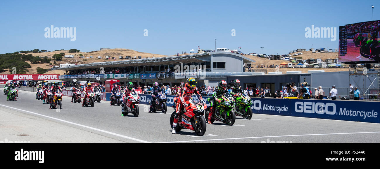 23.Juni 2018 Monterey, CA, USA SBK Rennfahrer am Start während der MOTUL FIM World Superbike Rennen #1 bei Weathertech Raceway Laguna Seca in Monterey, CA Thurman James/CSM Credit: Cal Sport Media/Alamy leben Nachrichten Stockfoto