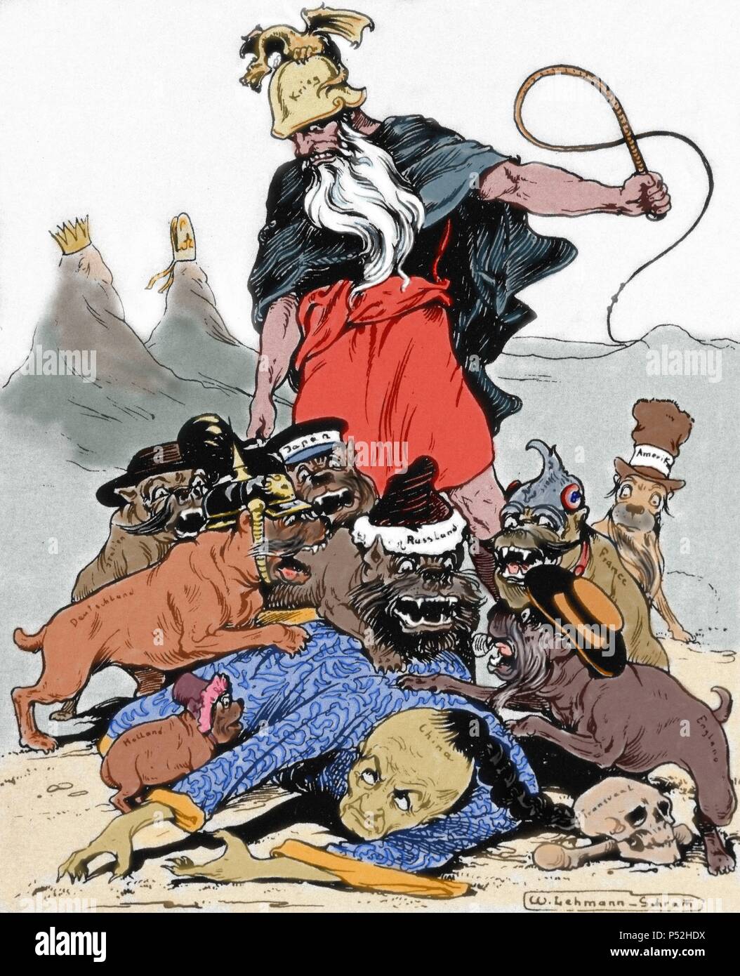 Boxeraufstand (1900-1901). Cartoon: Der Geist des Krieges Befugnisse der gefallenen chinesischen Reiches Essen eingeladen. Farbige. Stockfoto