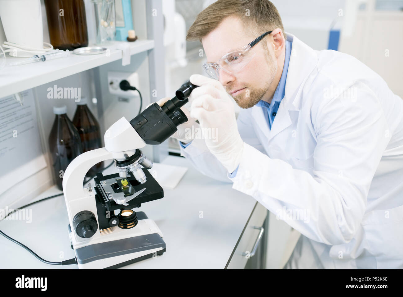 Männliche Mikrobiologe studieren Essen Fasern unter dem Mikroskop Stockfoto