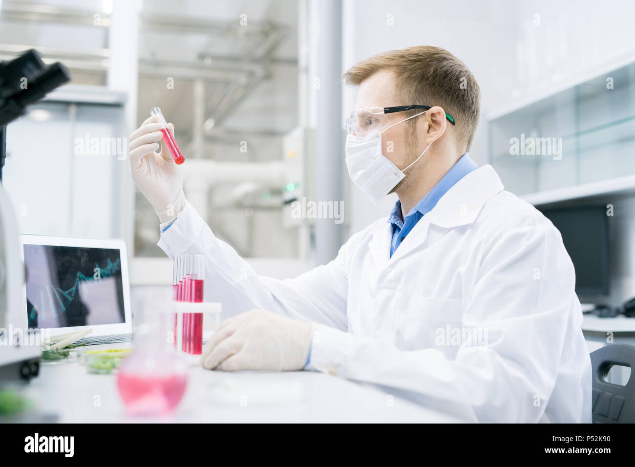 Wissenschaftler im Reagenzglas mit Lösung Stockfoto