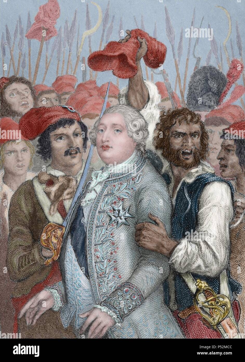 Französische Revolution (1789-1799). Angriff auf die Tuilerien. Im Jahre 1792, die die Pariser Bevölkerung in den Tuilerien, die verlangen, dass König Ludwig XVI. die Dekrete in der Gesetzgebung beschlossen, genehmigt. Kupferstich von J.Smith. Gefärbt. Stockfoto