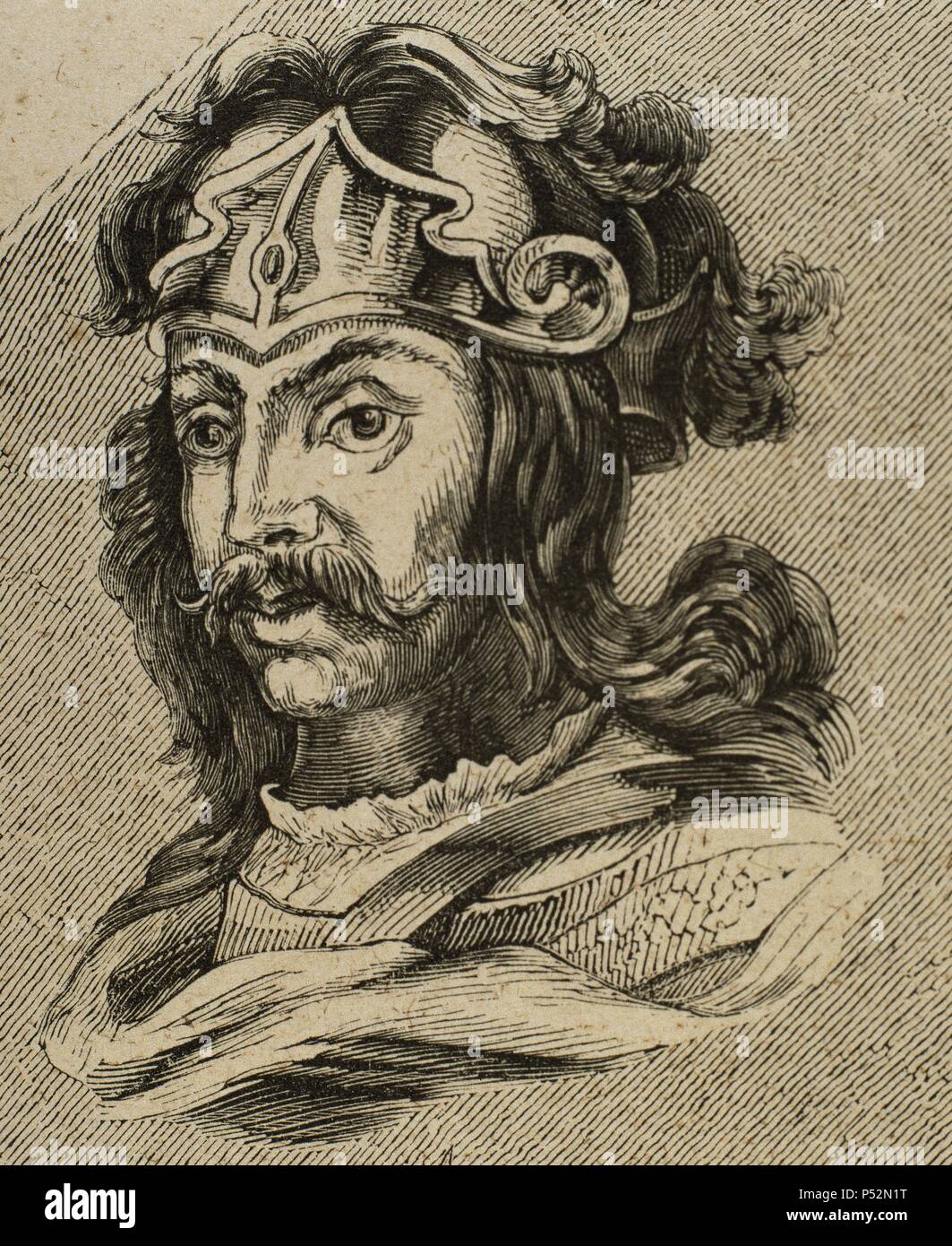 Chintila (639-640). Westgotischen König von Hispania, Septimanien und Galizien aus 636. Porträt. Gravur. Stockfoto