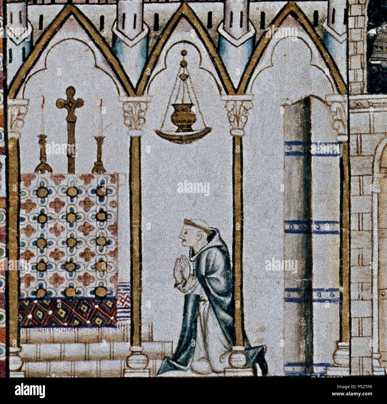 Las MEJORES MTI 1 - CANTIGA STA MARIA Nº 11 - F 19 V-MONJE ORANDO A LA VIRGEN, MINIATURA S XIII, REF. ORIGINAL 016242. Autor: Alfons X. von Kastilien, der Weise (1221-1284). Lage: MONASTERIO - BIBLIOTECA - COLECCION, SAN LORENZO DEL Escorial, Madrid, Spanien. Stockfoto