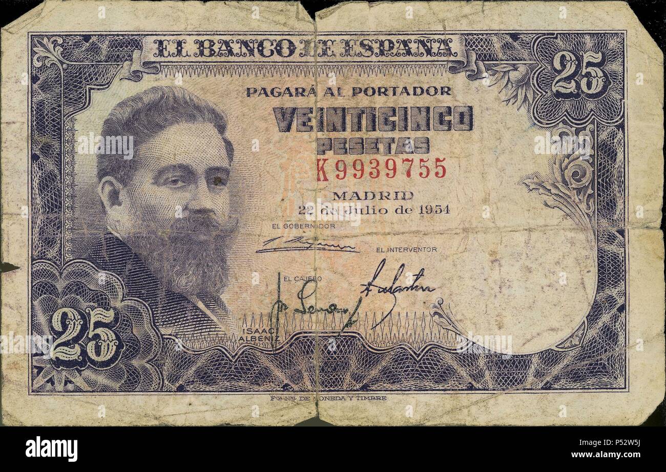 BILLETE DE 25 Peseten ANVERSO. Ort: BANCO DE ESPAÑA - Dokumente, MADRID. Stockfoto