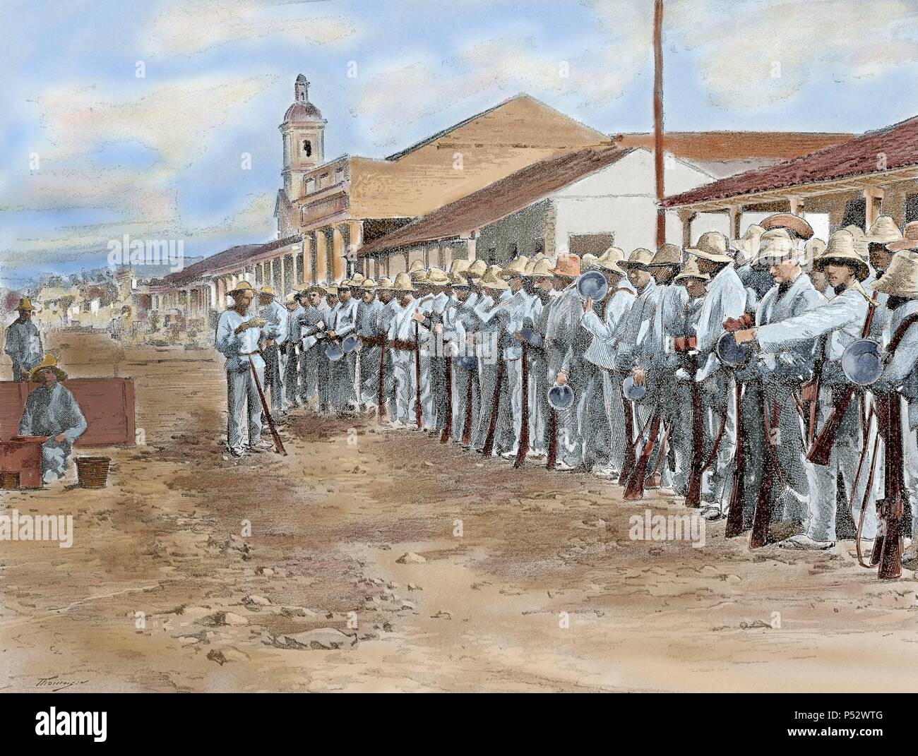 Kubanischen Unabhängigkeitskrieg (1895-1898) gegen Spanien. Spanische Truppen zum Zeitpunkt der rollcall in Colon (Kuba). 1896. Farbige Gravur. Stockfoto