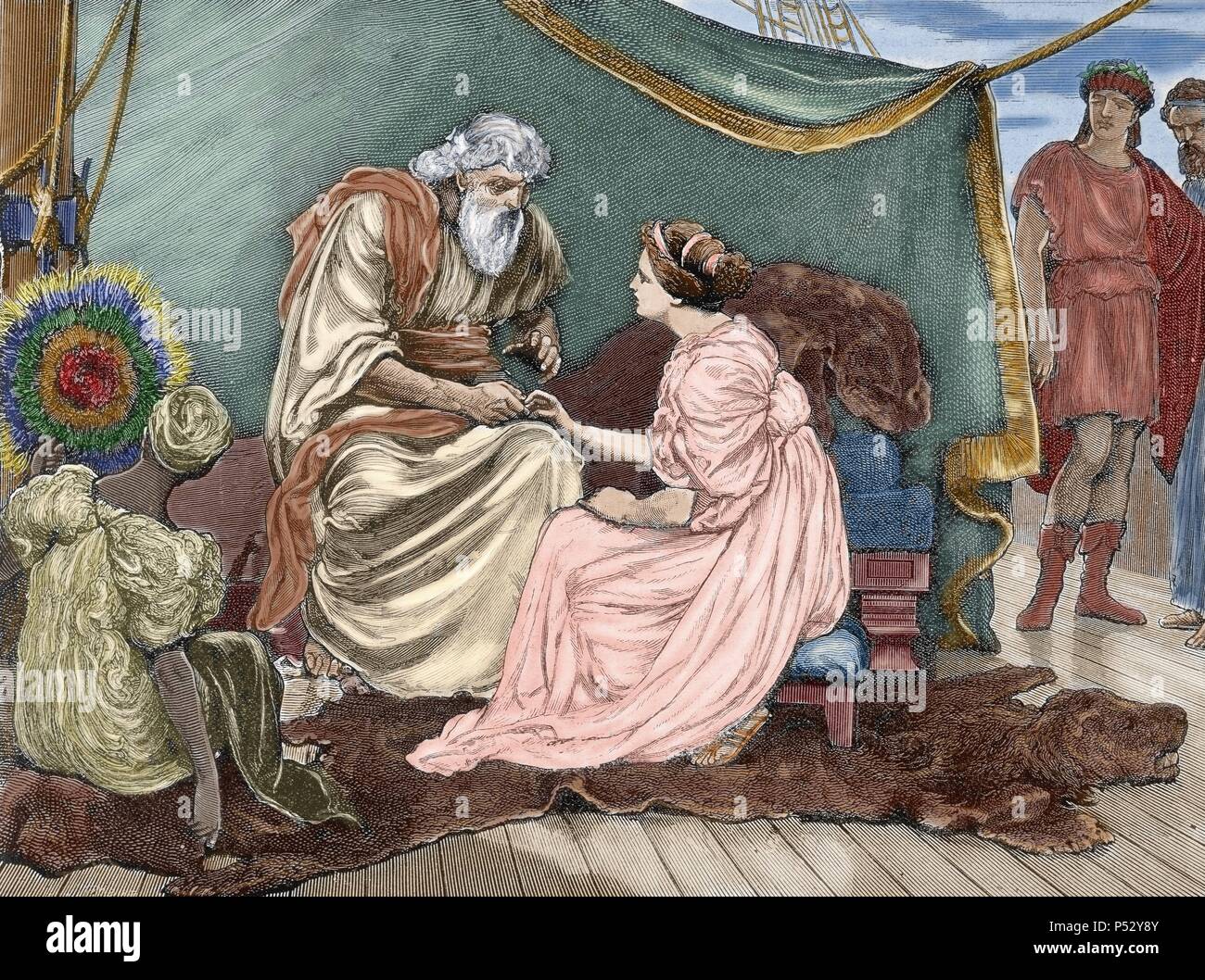 Perikles, Prinz von Tyrus. Jakobinische spielen zumindest teilweise geschrieben von William Shakespeare (1564-1616). Perikles und seine Tochter Marina. Farbige Gravur. Stockfoto