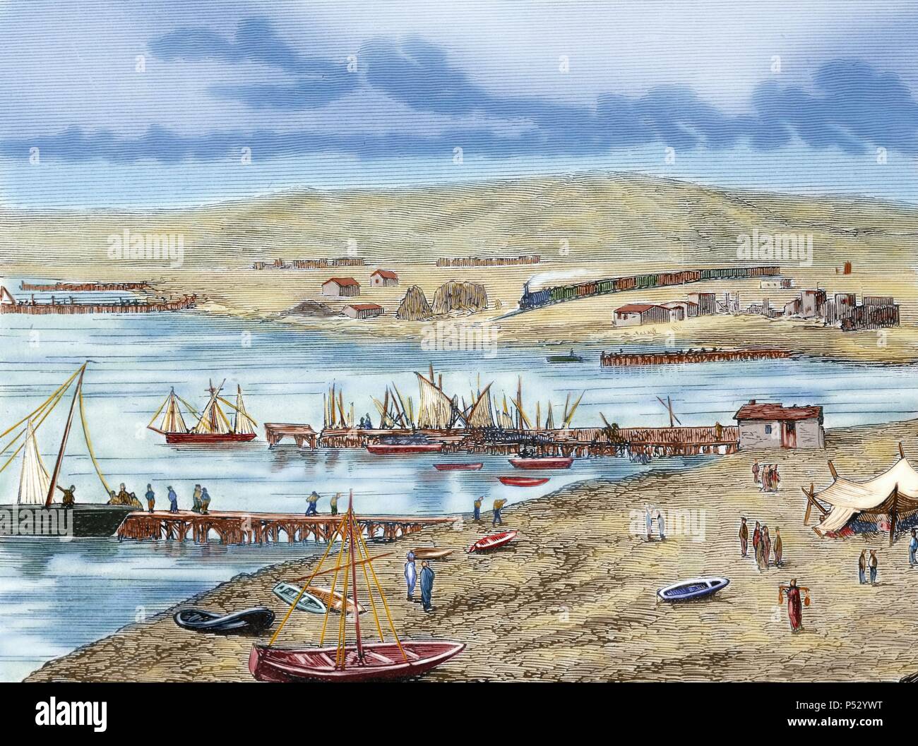 Geschichte von Bulgarien. 19. Varna. Der wichtigste Hafen und Festung der Türken in der westlichen Küste des Schwarzen Meeres während des Russisch-türkischen Krieg (1877-1878). Gravur "Die spanische und amerikanische Abbildung", 1877. Farbige Gravur. Stockfoto