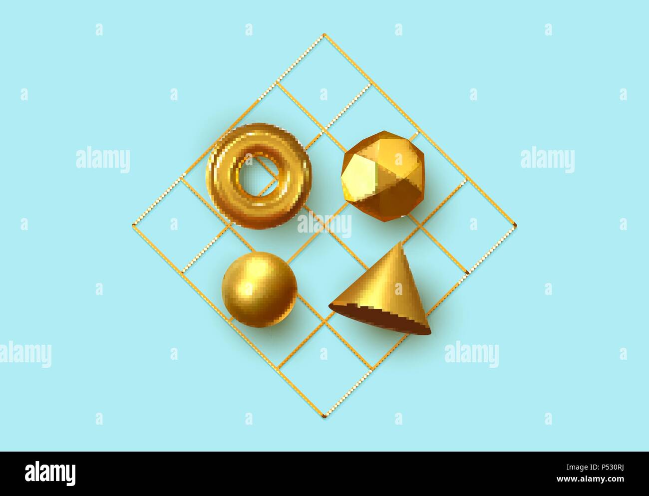 Abstrakte geometrische Hintergrund. 3D-Formen, goldene Farbe Kugel, Torus, Kegel. Kunst Trendy Minimales Design Stock Vektor