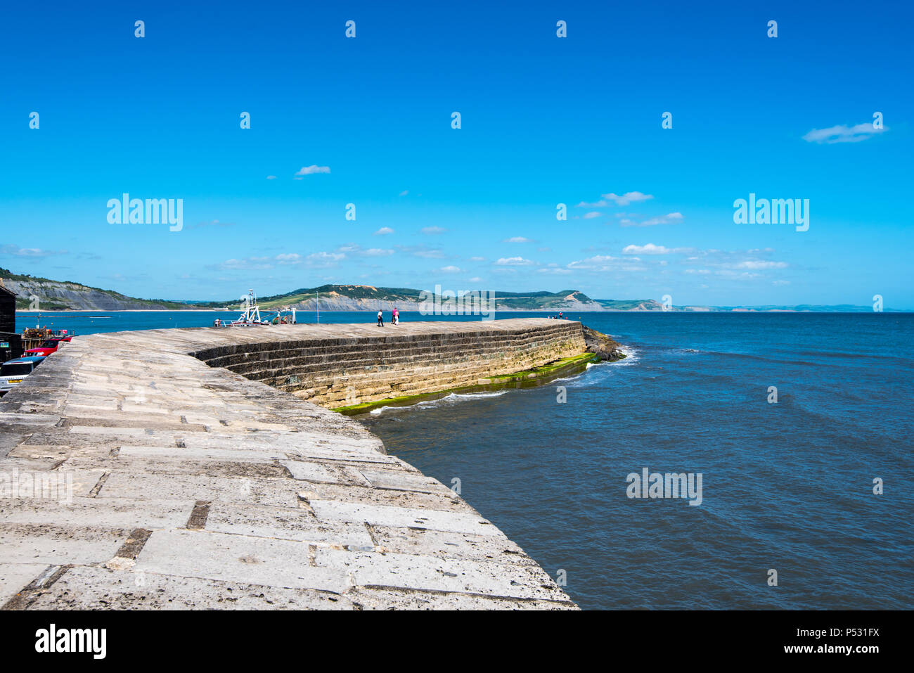 LYME Regis, Dorset, Großbritannien, 14. Juni 2018: Der Cobb ist ein alter Stein Pier, die Formen der Hafen in Lyme Regis. Stockfoto