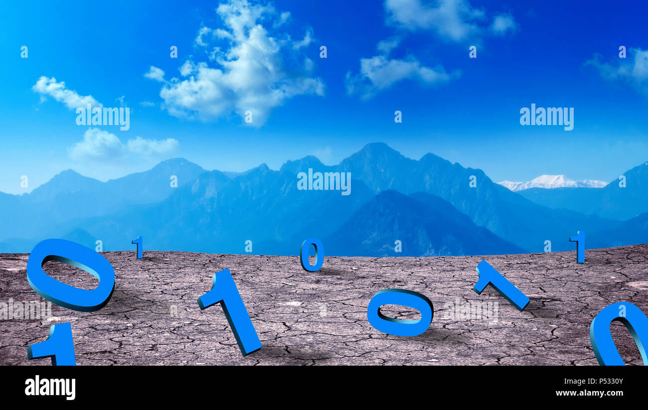 Konzeptionelle Bild von Berg- und Risse im Boden mit binären Code Stockfoto