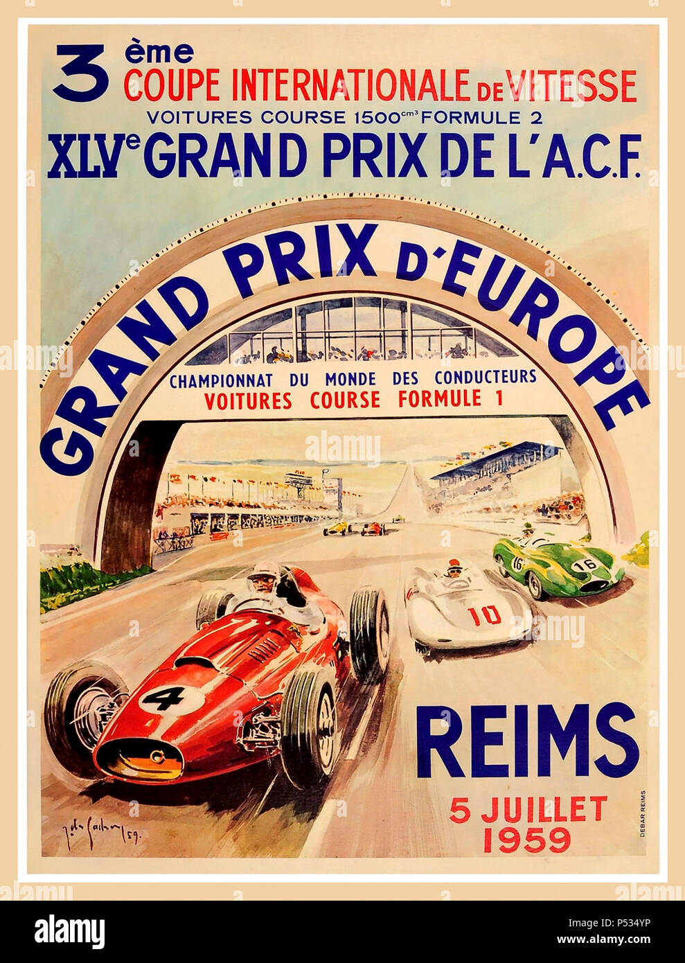 Vintage GP de l'ACF Motorsport Poster 1959 Formel 1 Rennsport Poster für den Grand Prix d'Europe Reims Frankreich 5. Juli 1959 Grand Prix d'Europa Französische Plakat (1959) 1959 Grand Prix von Großbritannien Tony Brooks Ferrari Dino 246 gewonnen wurde, hier gezeigt, die das Rennen Stockfoto