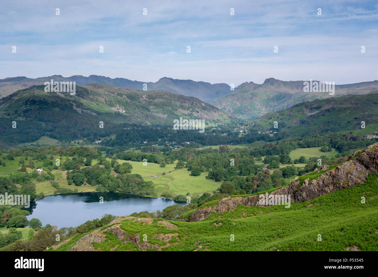 Anzeigen von Ivy Crag, Loughrigg über loughrigg Tarn in Richtung Langdale Pikes, Loughrigg fiel, Ambleside, Lake District, Cumbria, England Stockfoto