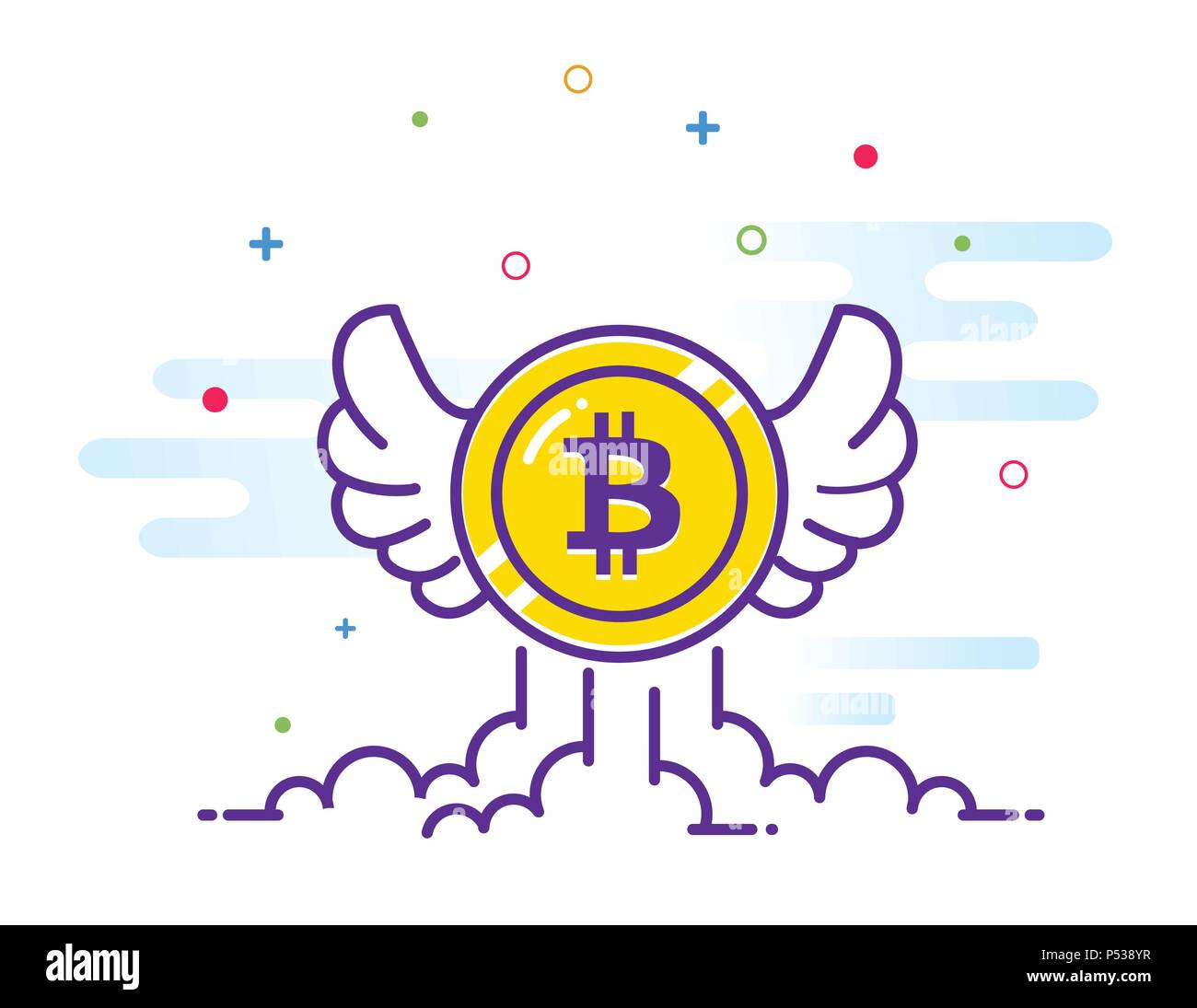 Bitcoin mit Flügeln flachbild Abbildung. Bitcoin Symbol fliegen in den Himmel. Crypto Währung bit Münze. Cryptocurrency Emblem. Web und Internet Geld Logo. Vector Illustration. Stock Vektor