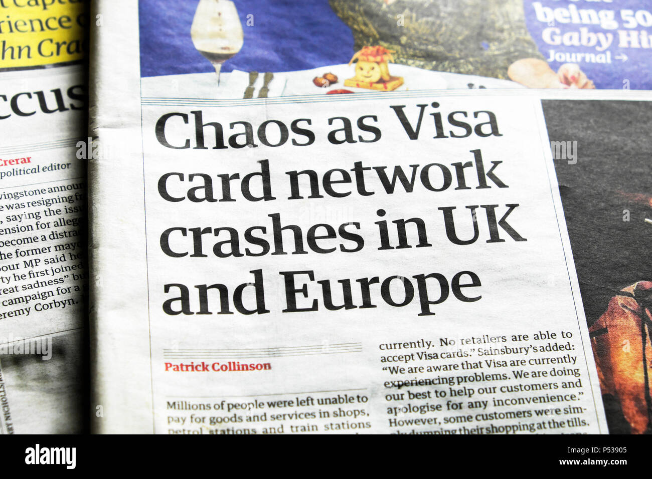 Guardian Zeitung Headline Titelseite Kreditkarten 'Chaos als Visa-Karten-Netzwerk in Großbritannien und Europa abstürzt' 2 June 2018 London UK Stockfoto