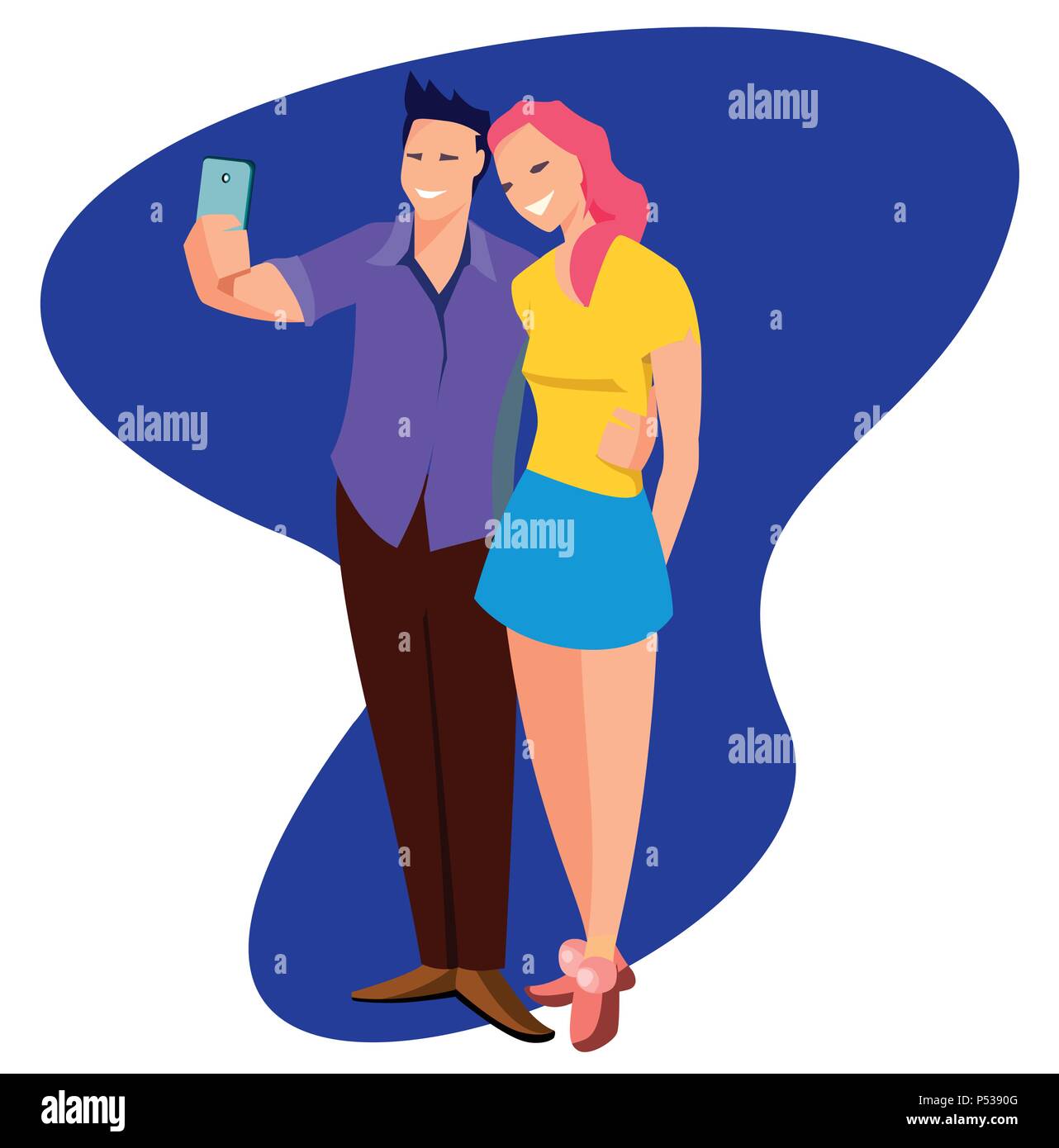 Junge nette freundliche Paar in Liebe nimmt selfie im flachen Stil. Cool flachbild Charakter Paar ständigen zusammen posieren in voller Länge die Bilder mit smart phone Stock Vektor