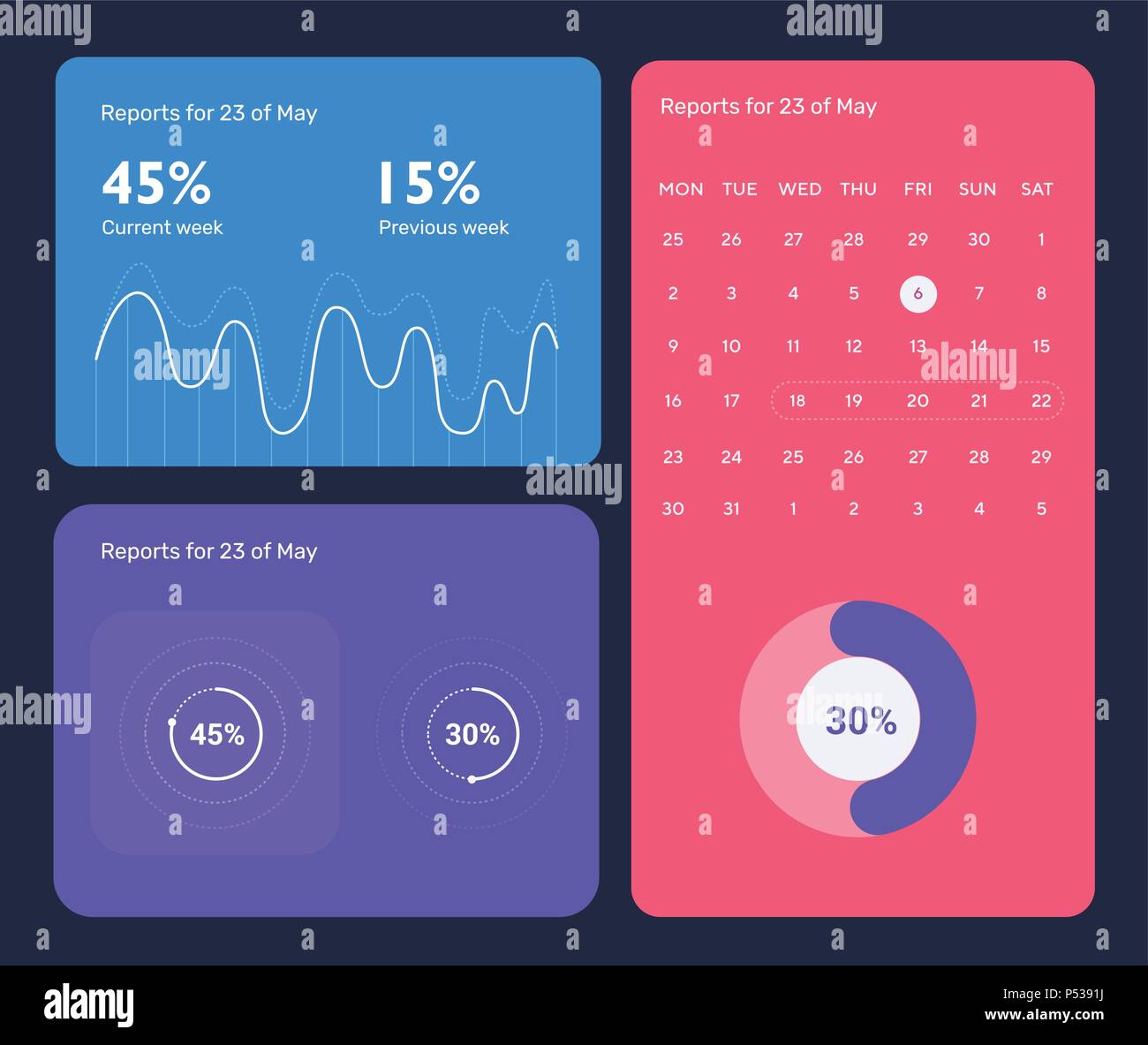 Minimalistischer Infografik Vorlage mit flachen Design tägliche Statistik, Armaturenbrett, Kreisdiagramme, mehrere Kreis Vorlage mit Optionen für das Diagramm, Workflow, Web Design, Elemente der Benutzeroberfläche. Stock Vektor