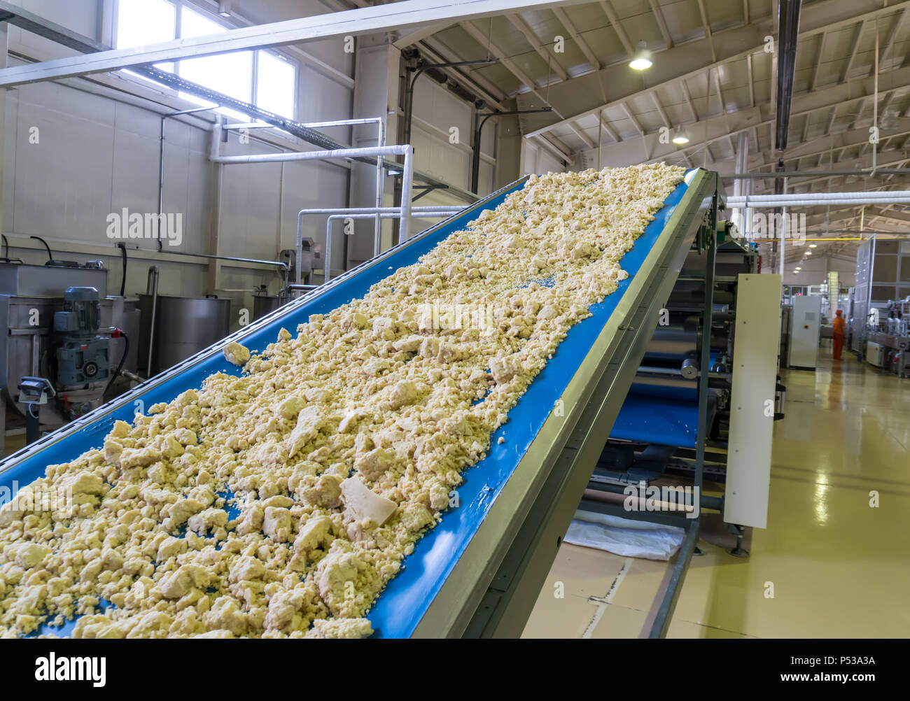 Automatisierte Keks cookies Produktion Verarbeitungsbetrieb Förderband. Förderband Transfers oder bewegen Sie den Teig Stockfoto