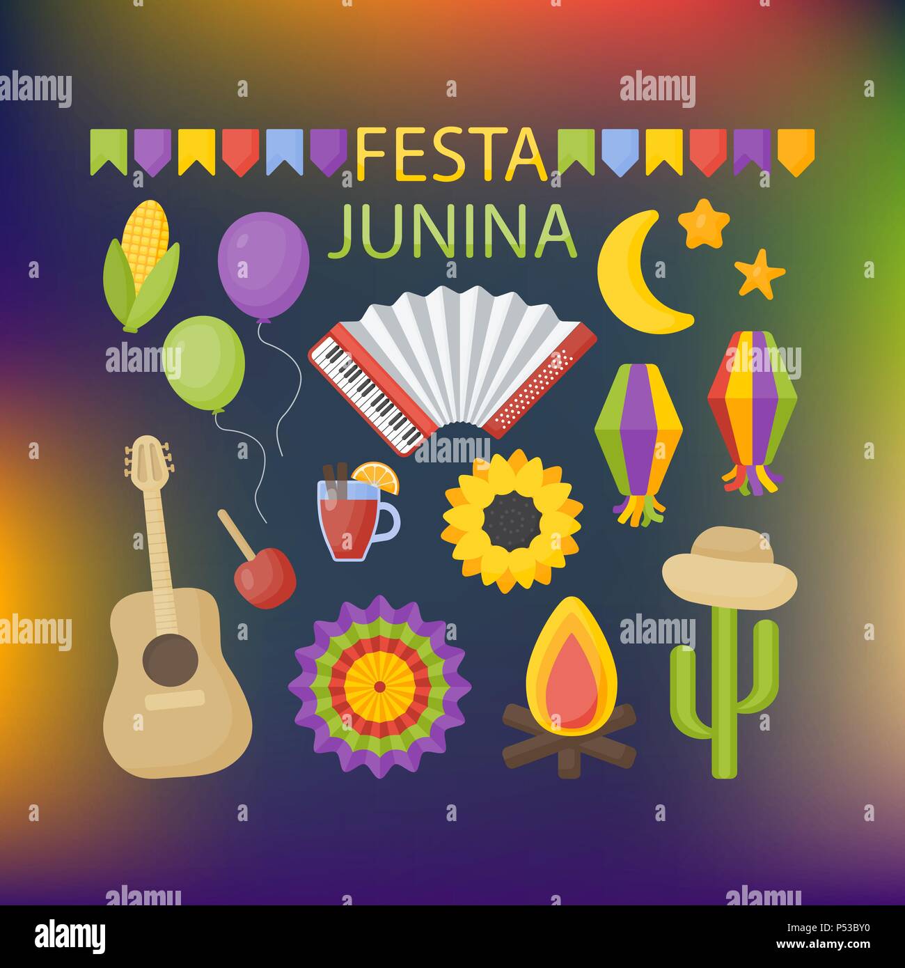 Festa Junina Vektor flachbild Icon Set, Party Feier Sammlung von flache Ausführung von Essen, Musik instrumente, Laternen und Girlanden isoliert auf der dunklen Stock Vektor